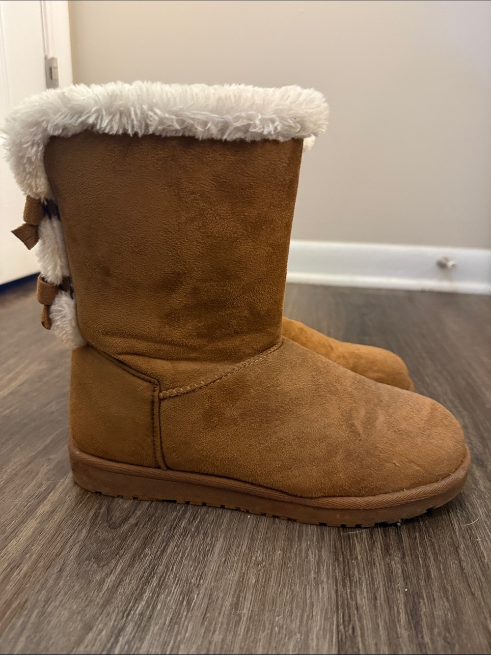 Brown Faux-Suede Winter Boots with Sherpa Trim